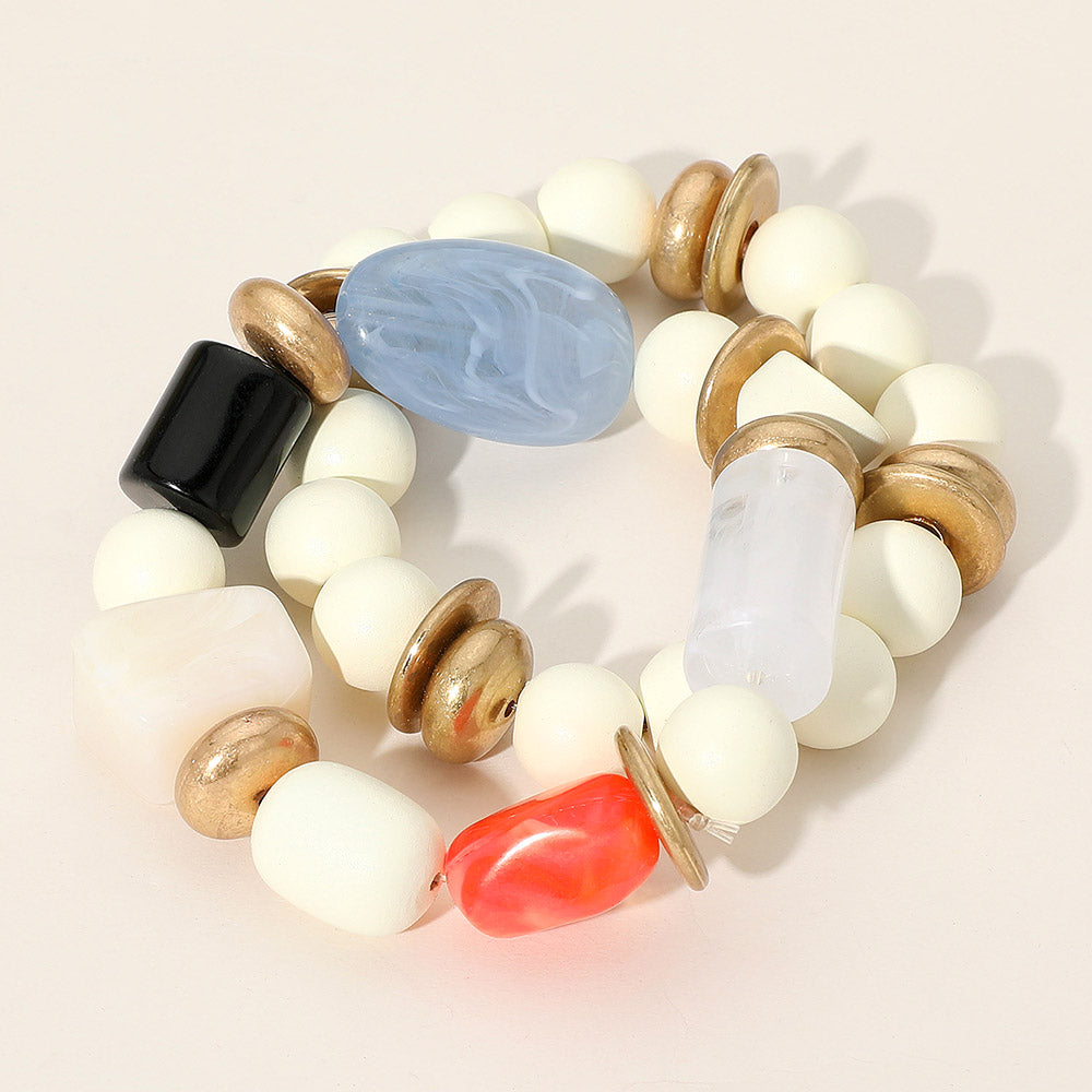 iLLASPARKZ 2PCS - Chunky Marbled Natural Stone Wood Ball Beaded Stretch Multi Layered Bracelets