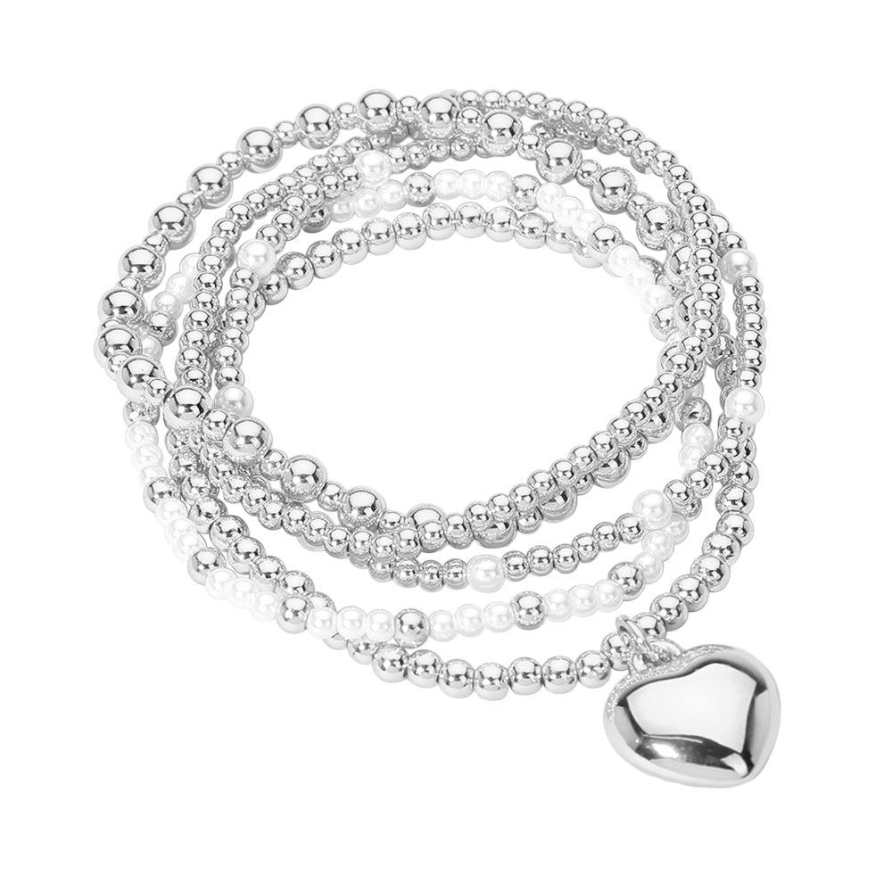 iLLASPARKZ 5PCS - Metal Heart Charm Pointed Ball Pearl Beaded Stretch Multi Layered Bracelets