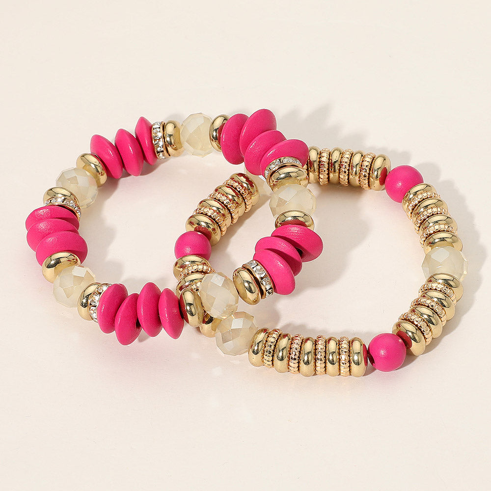 iLLASPARKZ 2PCS - Mixed Flat Wood Metal Faceted Beaded Stretch Multi Layered Bracelets
