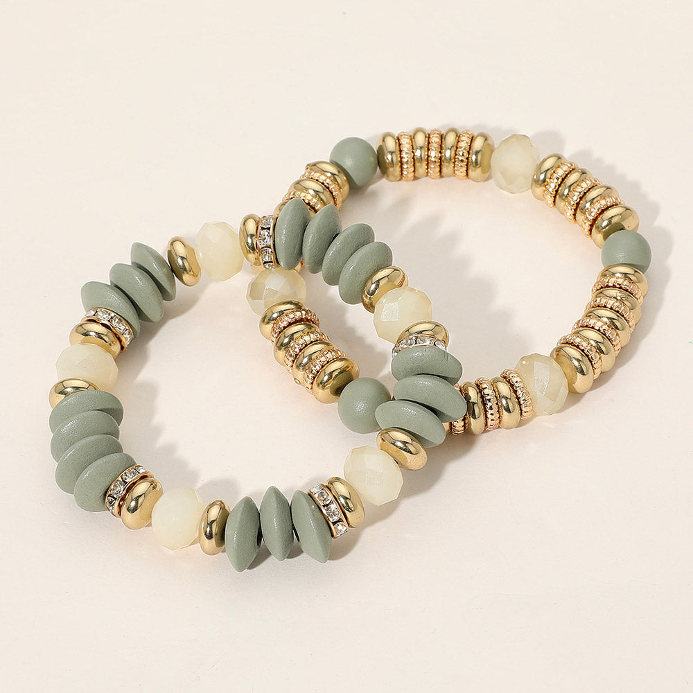 iLLASPARKZ 2PCS - Mixed Flat Wood Metal Faceted Beaded Stretch Multi Layered Bracelets