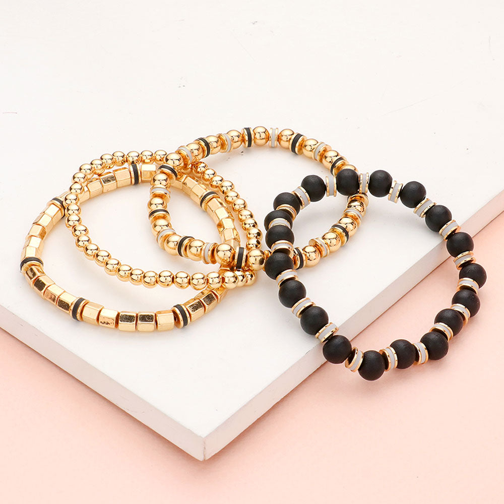 iLLASPARKZ 4PCS - Wood Ball Metal Beaded Stretch Bracelets