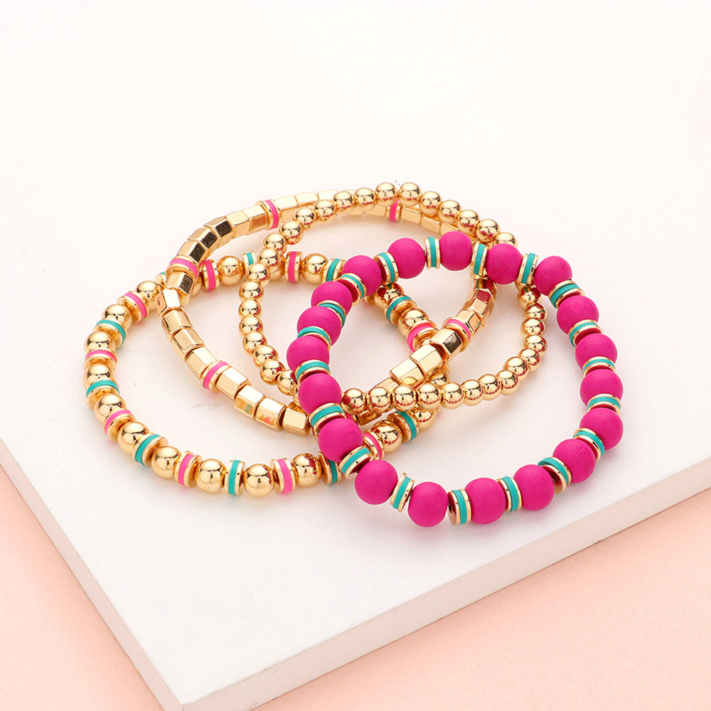 iLLASPARKZ 4PCS - Wood Ball Metal Beaded Stretch Bracelets