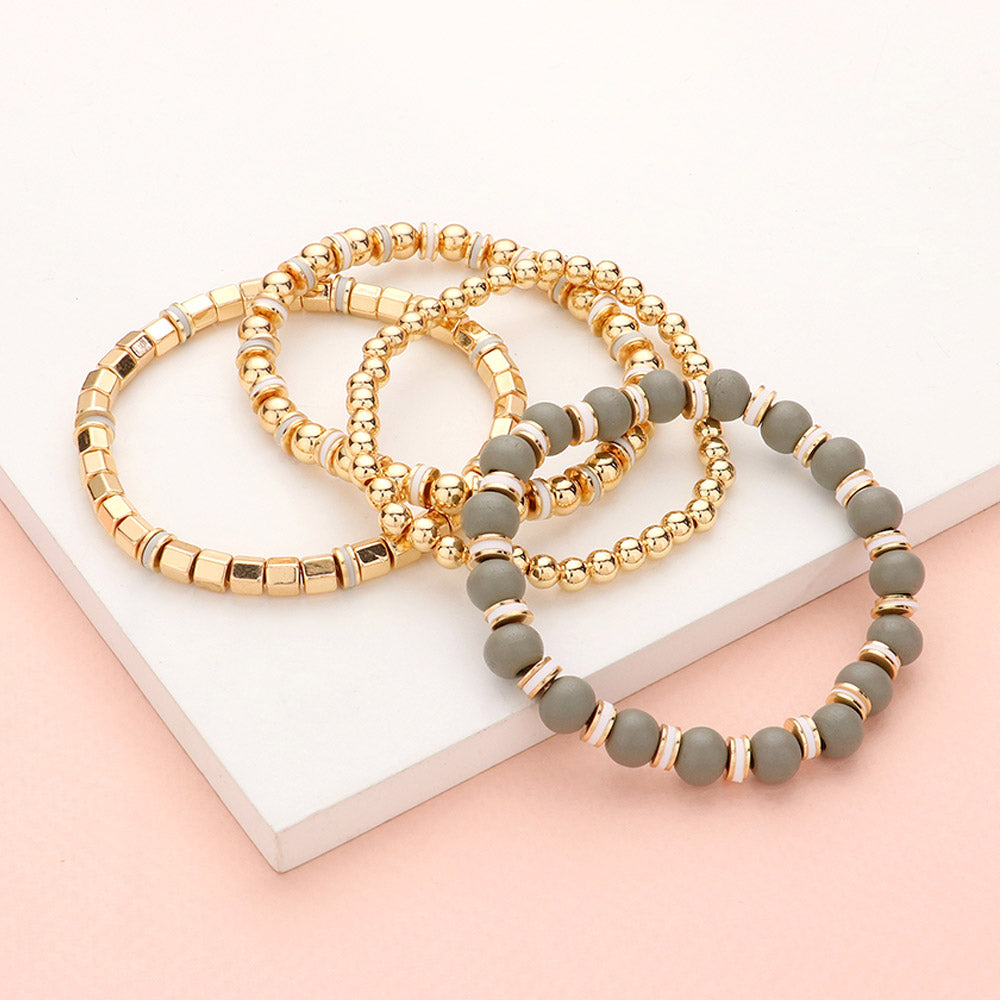 iLLASPARKZ 4PCS - Wood Ball Metal Beaded Stretch Bracelets