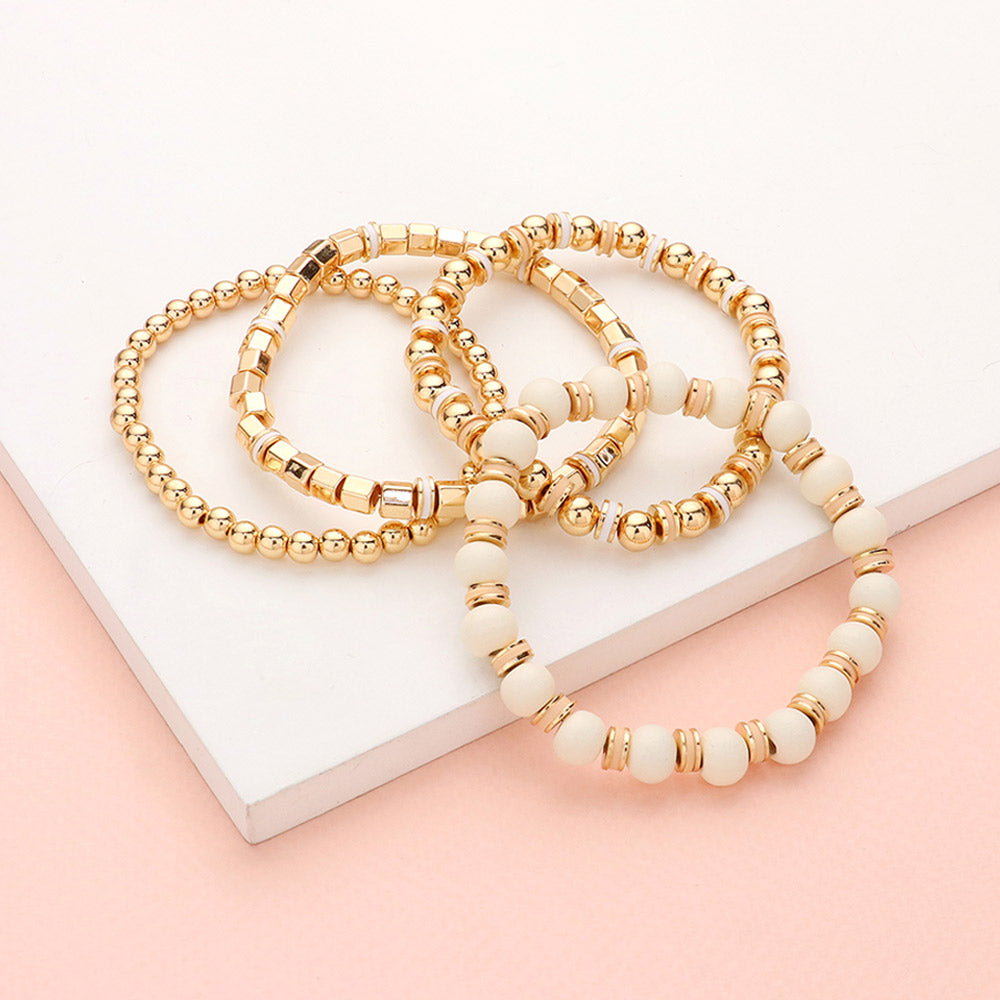 iLLASPARKZ 4PCS - Wood Ball Metal Beaded Stretch Bracelets