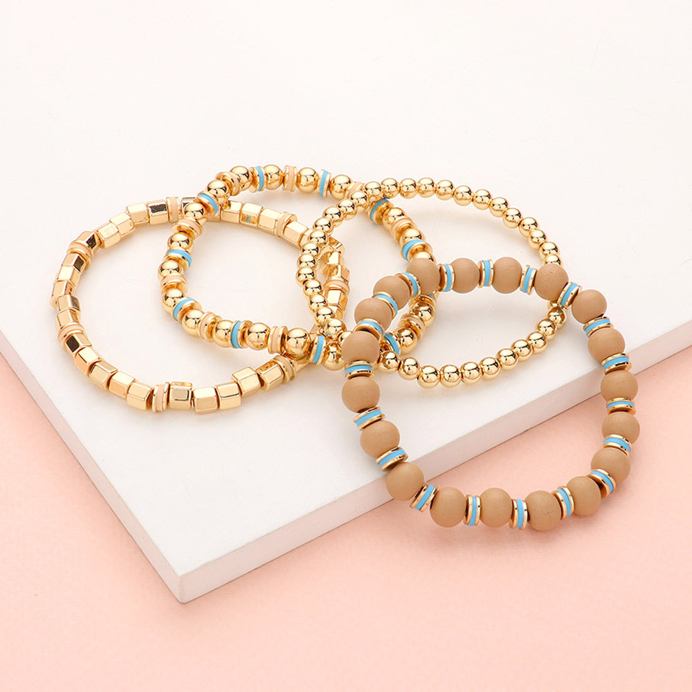 iLLASPARKZ 4PCS - Wood Ball Metal Beaded Stretch Bracelets