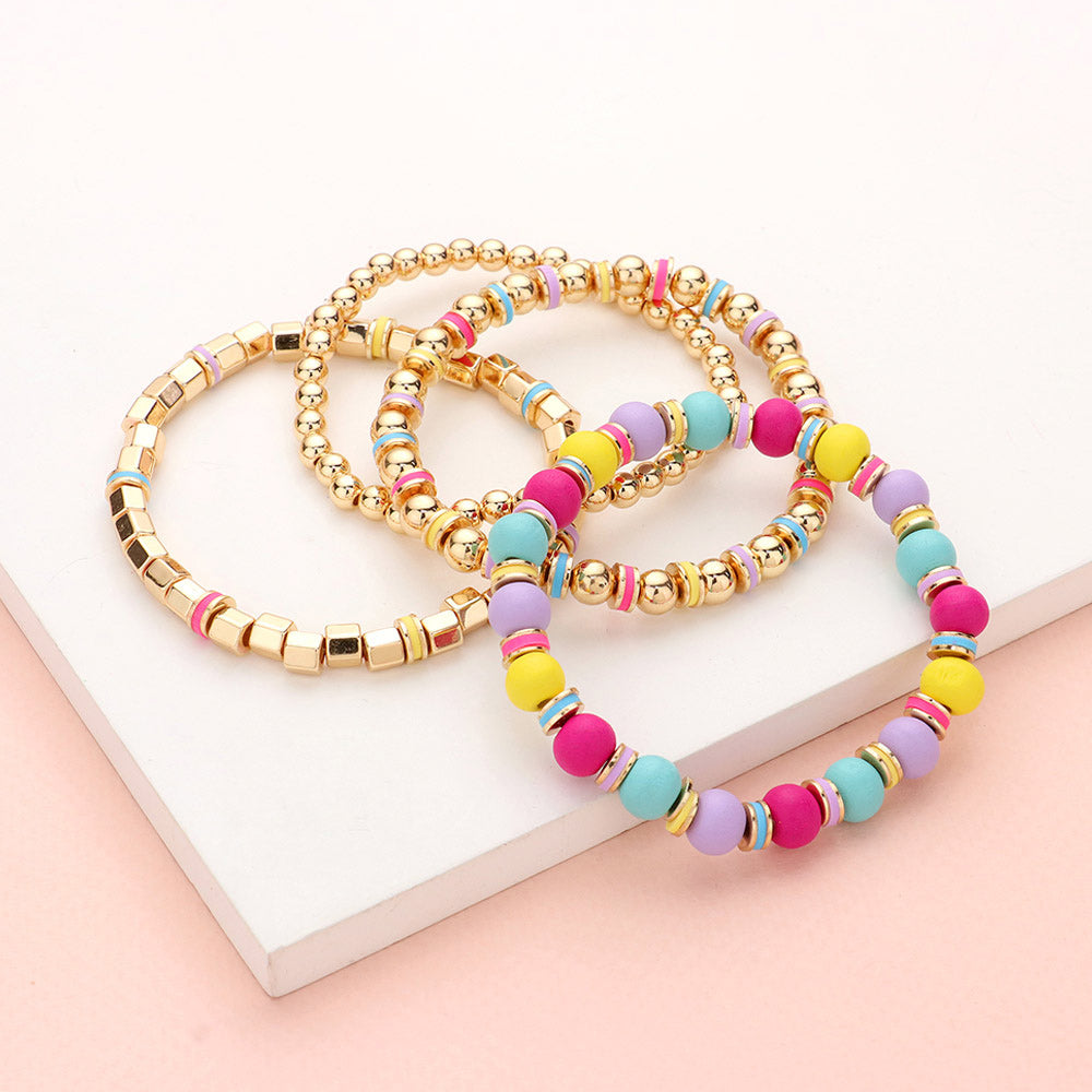 iLLASPARKZ 4PCS - Wood Ball Metal Beaded Stretch Bracelets