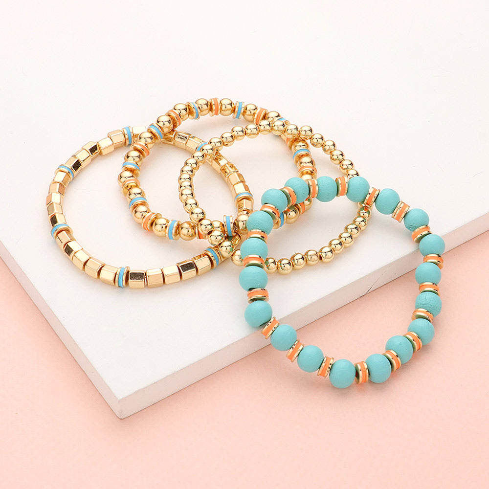 iLLASPARKZ 4PCS - Wood Ball Metal Beaded Stretch Bracelets