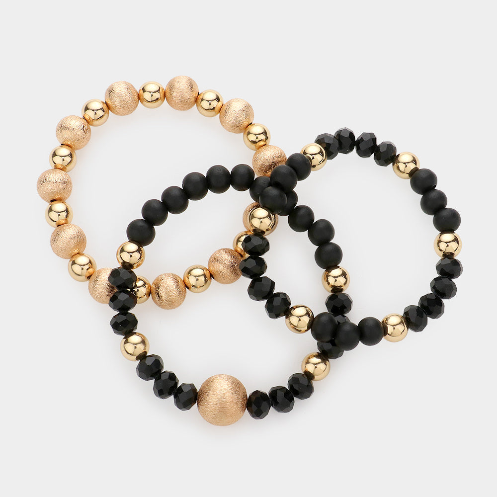 iLLASPARKZ 3PCS - Frosted Metal Ball Wood Faceted Beaded Stretch Bracelets