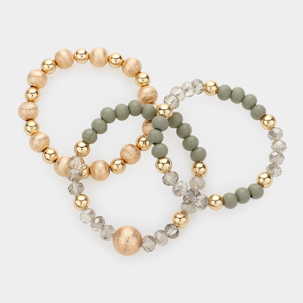 iLLASPARKZ 3PCS - Frosted Metal Ball Wood Faceted Beaded Stretch Bracelets