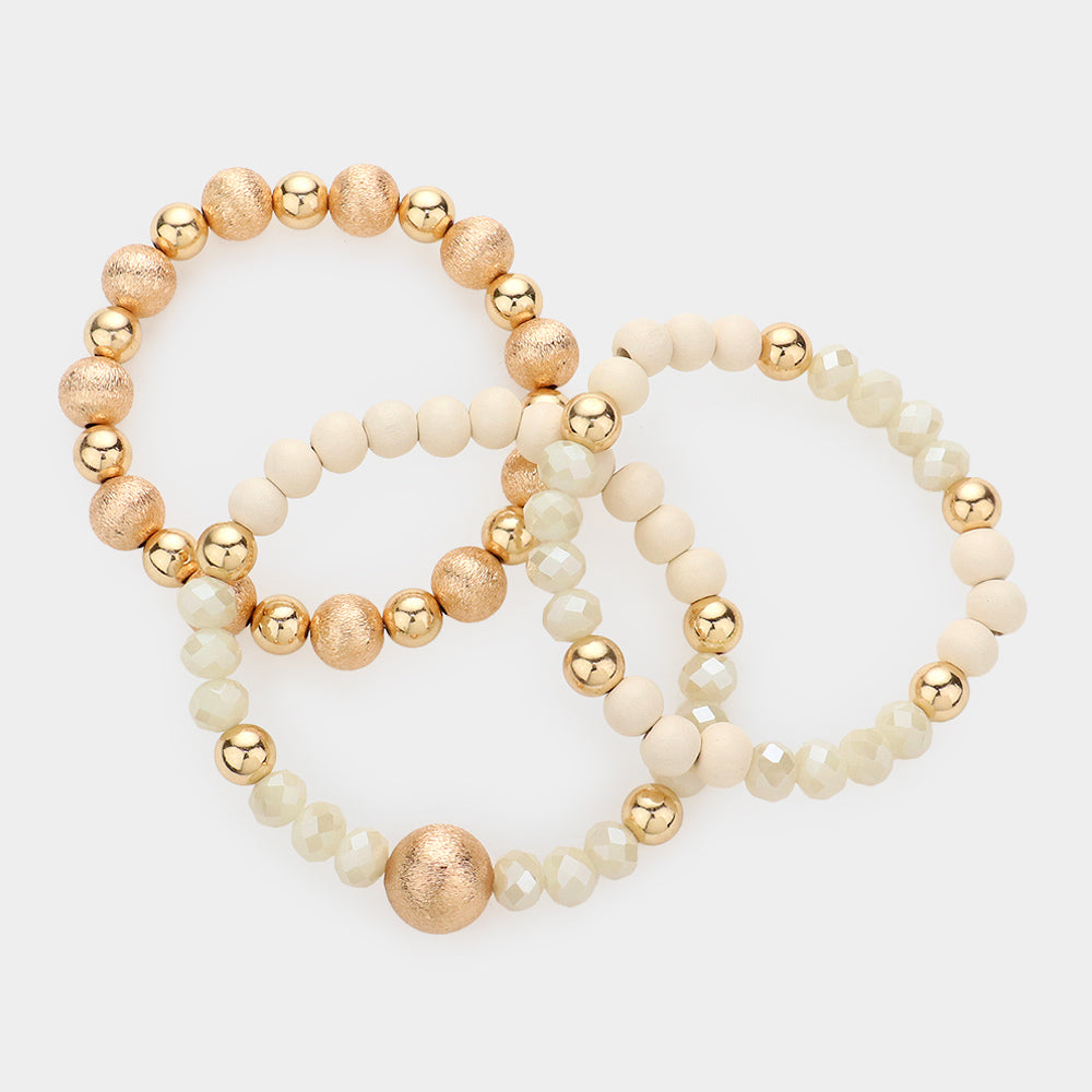 iLLASPARKZ 3PCS - Frosted Metal Ball Wood Faceted Beaded Stretch Bracelets