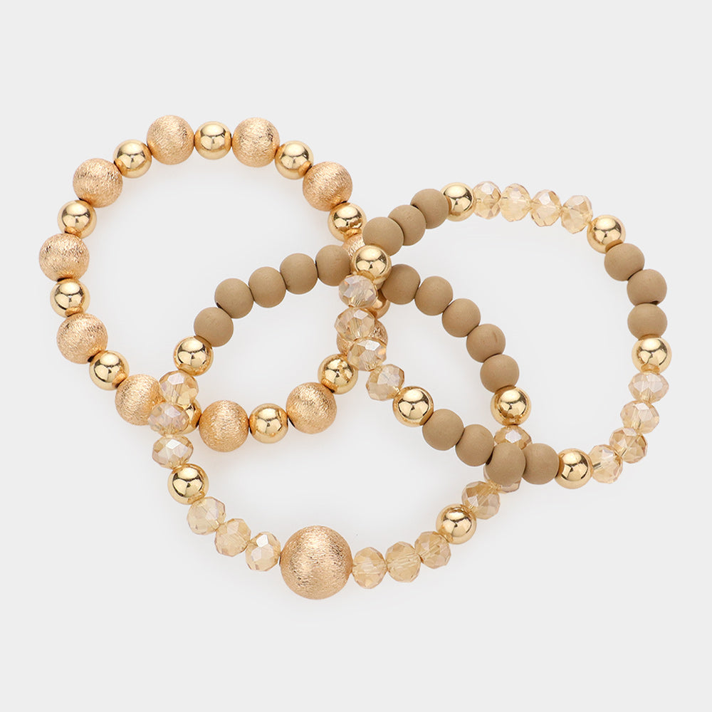 iLLASPARKZ 3PCS - Frosted Metal Ball Wood Faceted Beaded Stretch Bracelets
