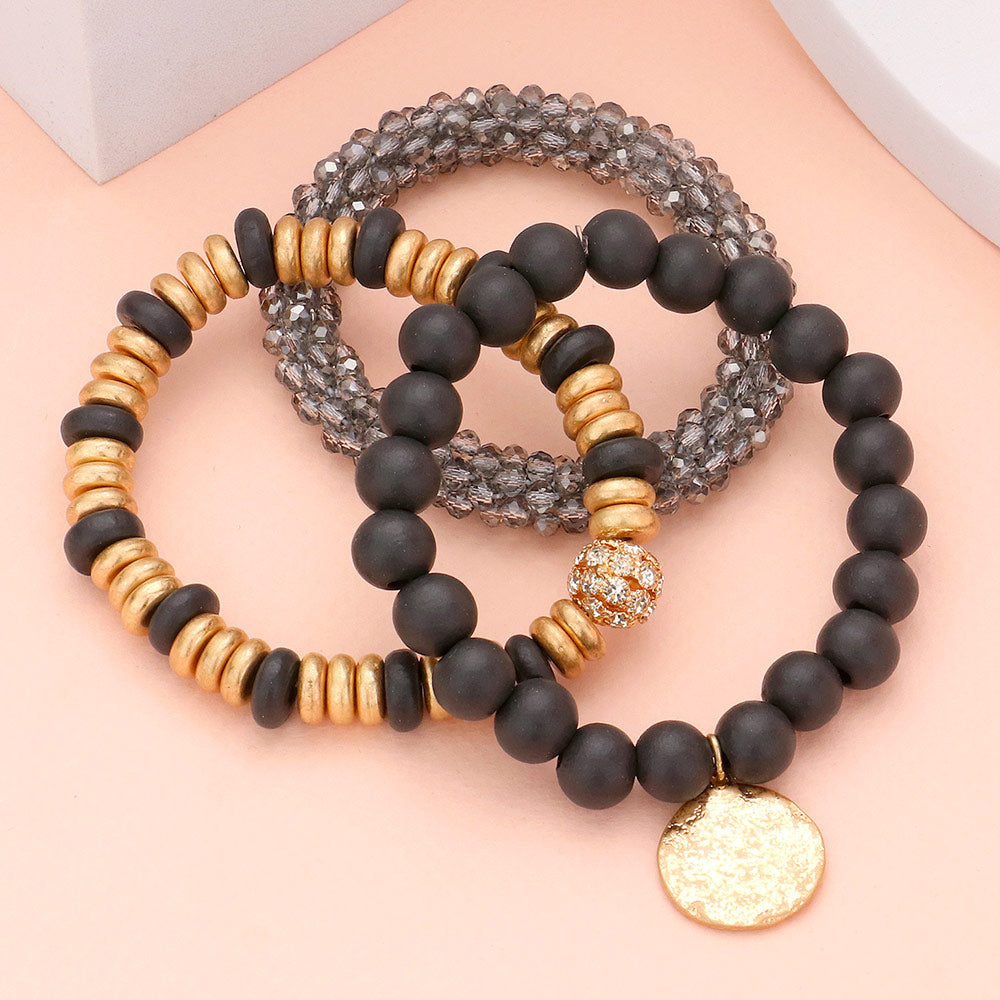 iLLASPARKZ 3PCS - Textured Metal Disc Charm Wood Faceted Beaded Stretch Bracelets