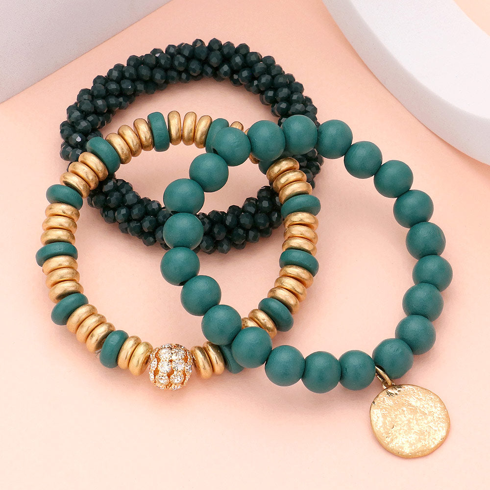 iLLASPARKZ 3PCS - Textured Metal Disc Charm Wood Faceted Beaded Stretch Bracelets
