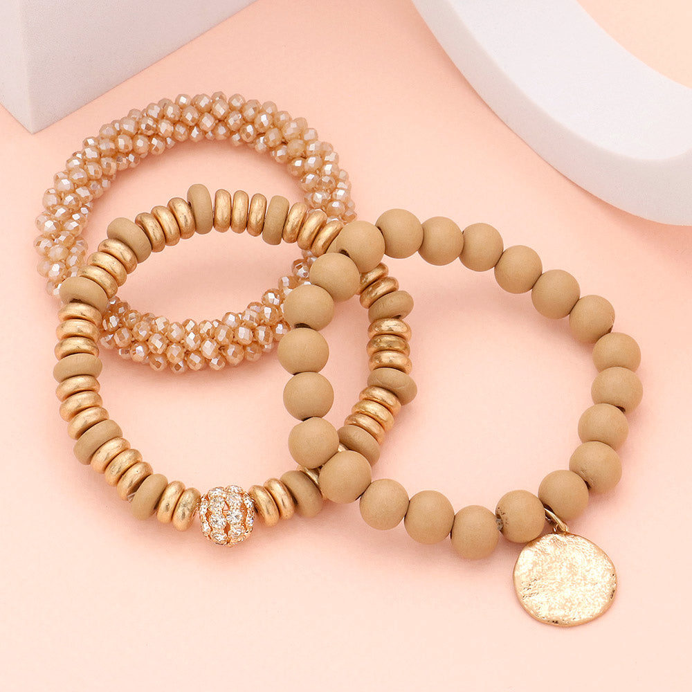 iLLASPARKZ 3PCS - Textured Metal Disc Charm Wood Faceted Beaded Stretch Bracelets