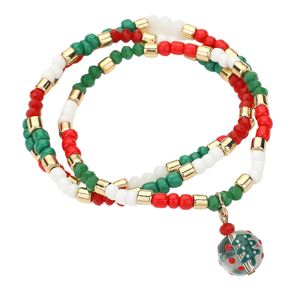 iLLASPARKZ 3PCS - Christmas Tree Ball Charm Beaded Stretch Multi Layered Bracelets