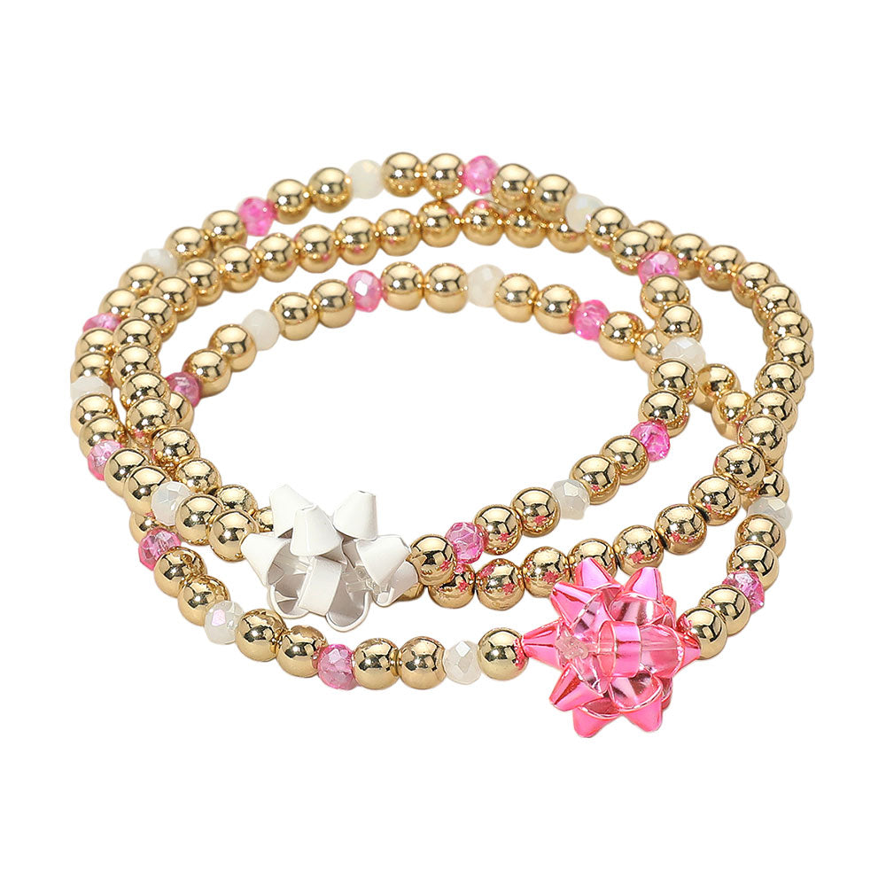 iLLASPARKZ 3PCS - Christmas Gift Bow Accented Metal Ball Stretch Bracelets