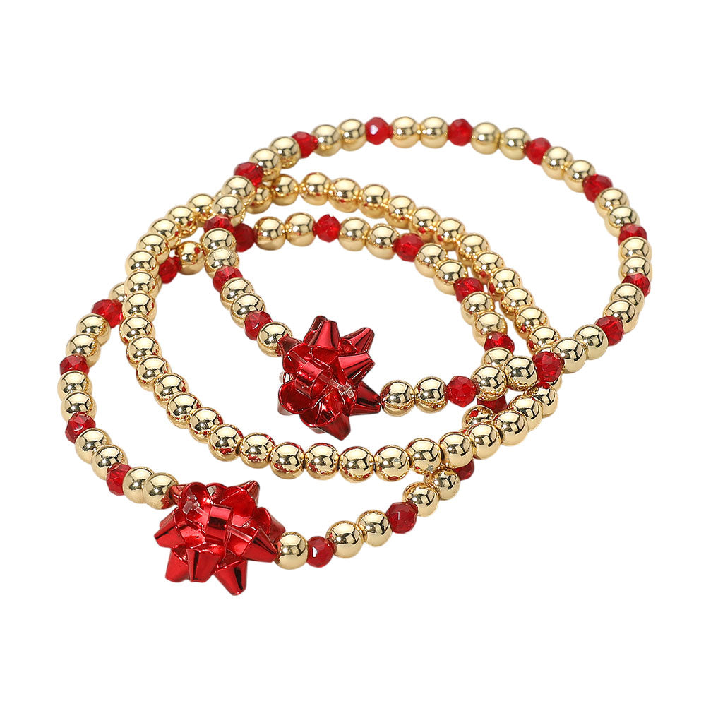 iLLASPARKZ 3PCS - Christmas Gift Bow Accented Metal Ball Stretch Bracelets