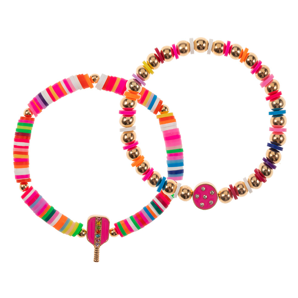 iLLASPARKZ 2PCS - Enamel Pickleball Charm Heishi Beaded Stretch Multi Layered Bracelets
