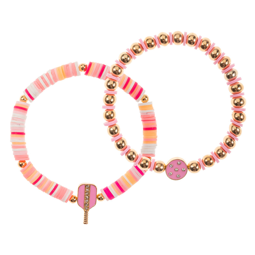 iLLASPARKZ 2PCS - Enamel Pickleball Charm Heishi Beaded Stretch Multi Layered Bracelets