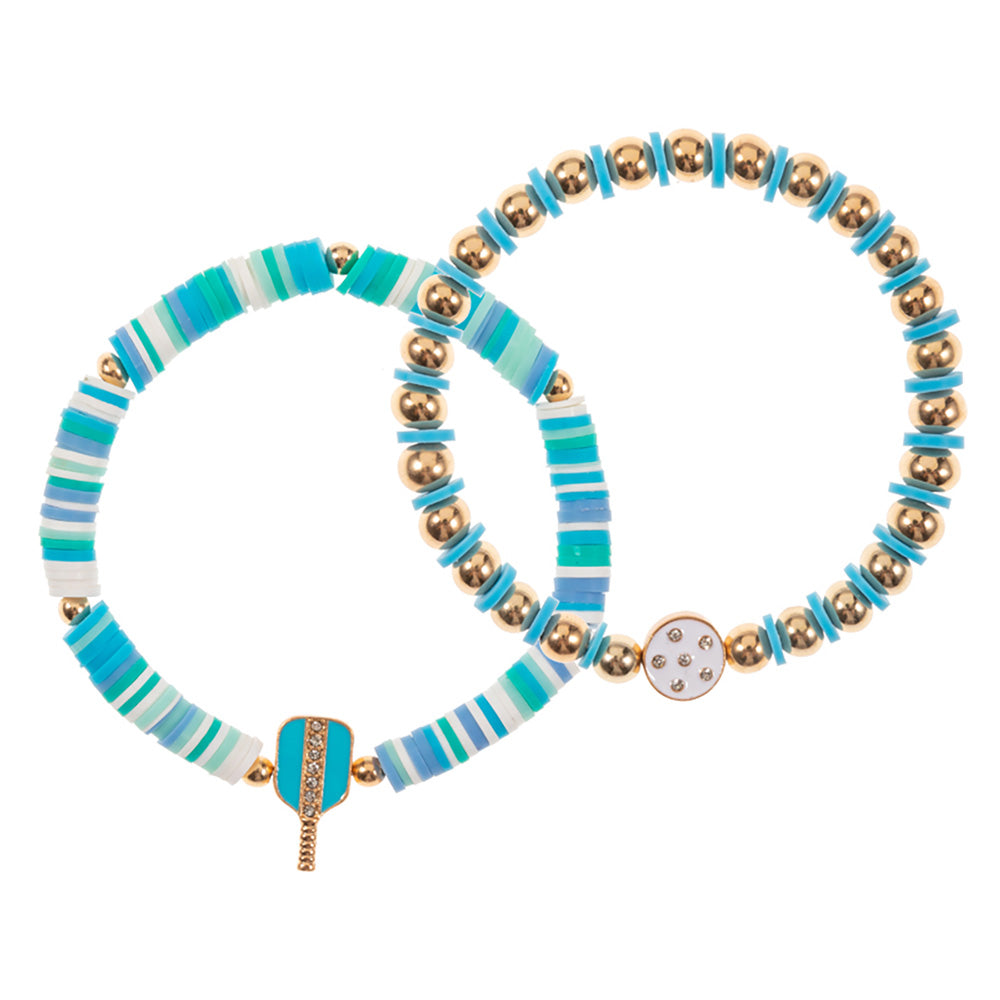 iLLASPARKZ 2PCS - Enamel Pickleball Charm Heishi Beaded Stretch Multi Layered Bracelets