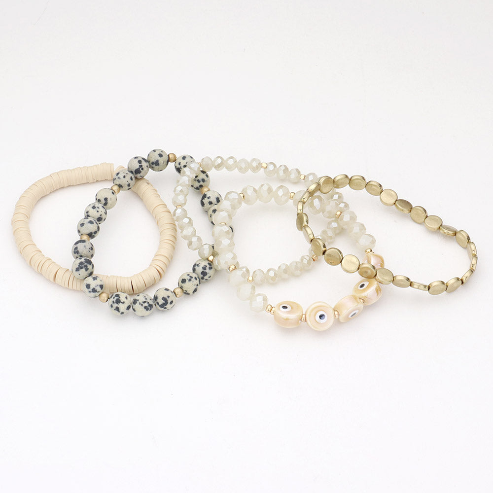 iLLASPARKZ 5PCS - Evil Eye Accented Natural Stone Heishi Beaded Stretch Bracelets