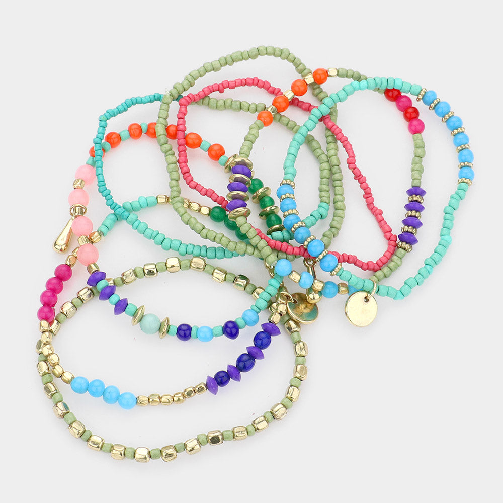 iLLASPARKZ 8PCS - Metal Disc Charm Multi Beaded Stretch Bracelets