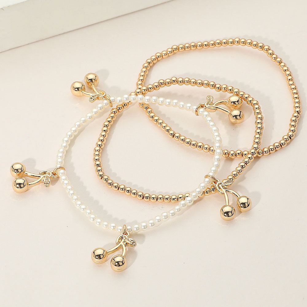 iLLASPARKZ 3PCS - Gold Dipped Cherry Charm Metal Ball Pearl Beaded Stretch Multi Layered Bracelets
