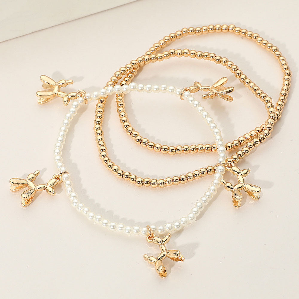 iLLASPARKZ 3PCS - Gold Dipped Balloon Dog Charm Metal Ball Pearl Beaded Stretch Multi Layered Bracelets