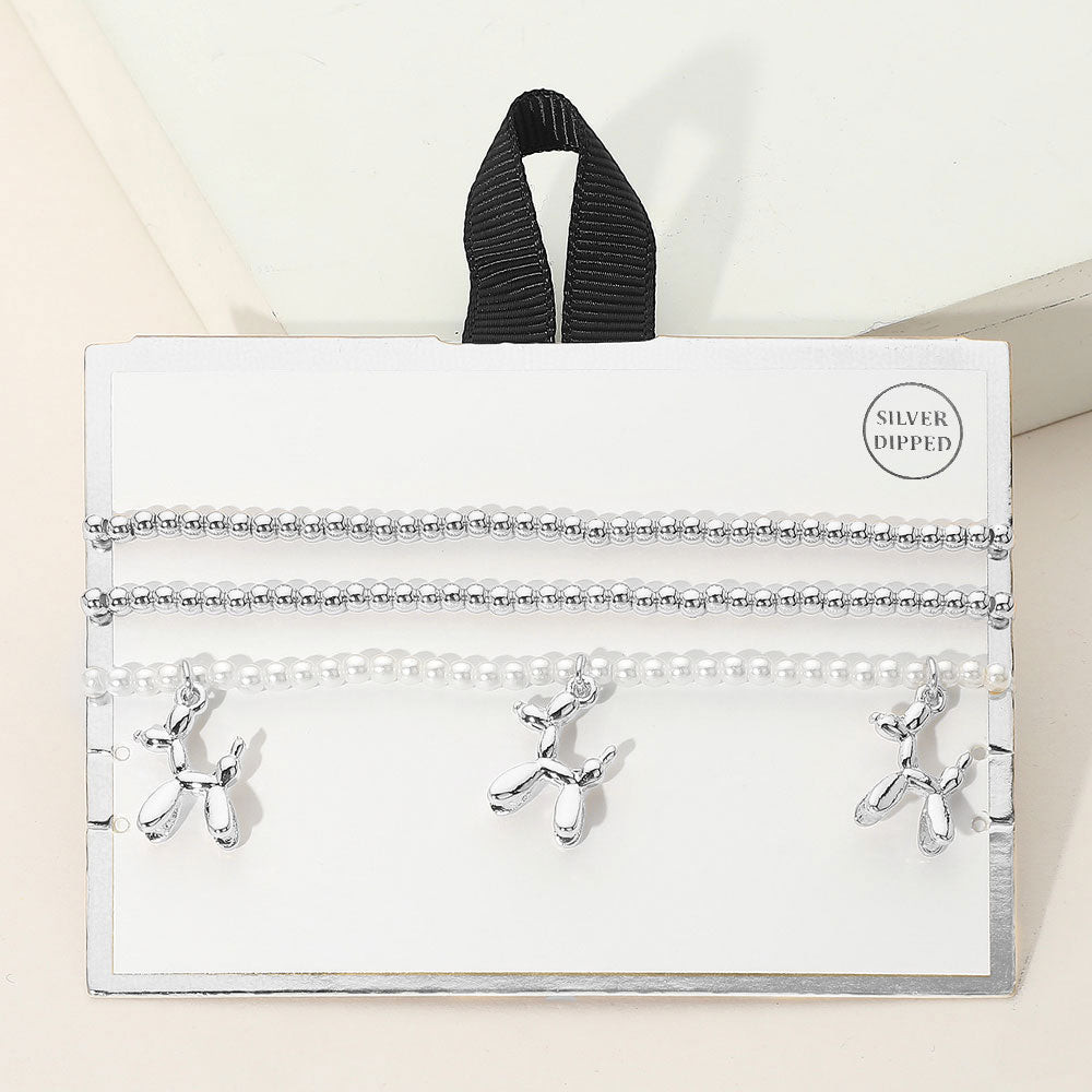 iLLASPARKZ 3PCS - Silver Dipped Balloon Dog Charm Metal Ball Pearl Beaded Stretch Multi Layered Bracelets