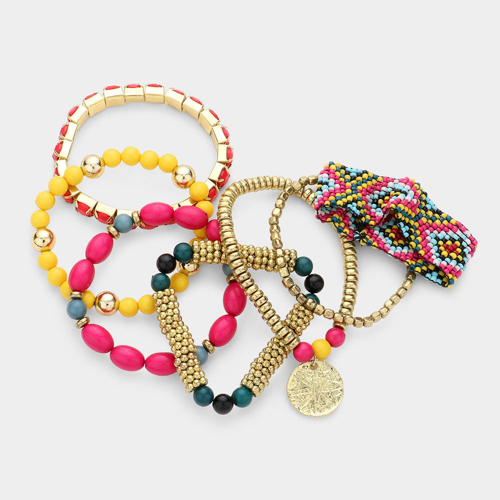 iLLASPARKZ 7PCS - Boho Multi Beaded Disc Charm Stretch Bracelets
