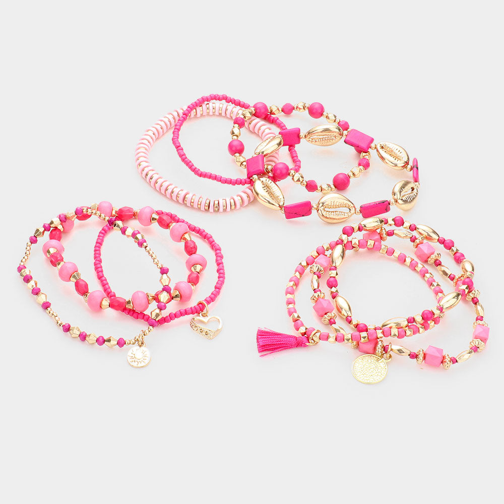 10PCS - Multi Bead Metal Puka Shell Heart Coin Disc Tassel Charm Layered Bracelets