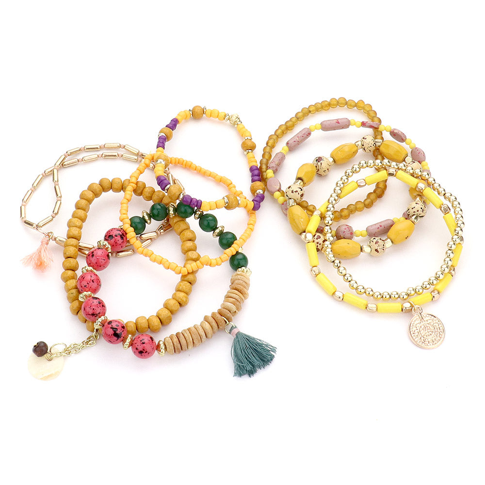 iLLASPARKZ 10PCS - Round Mother of Pearl Metal Coin Tassel Charm Beaded Stretch Bracelets