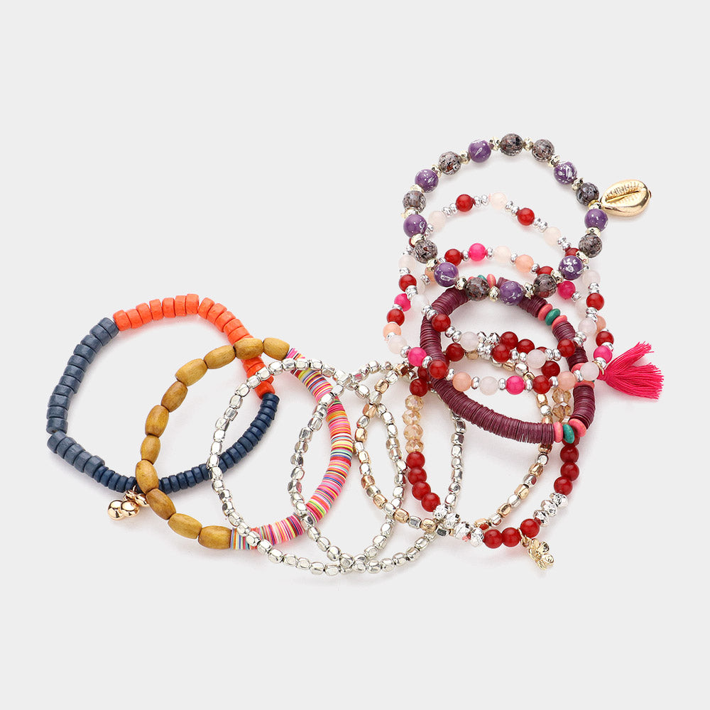 iLLASPARKZ 10PCS - Puka Shell Flower Tassel Charm Wood Heishi Beaded Stretch Bracelets