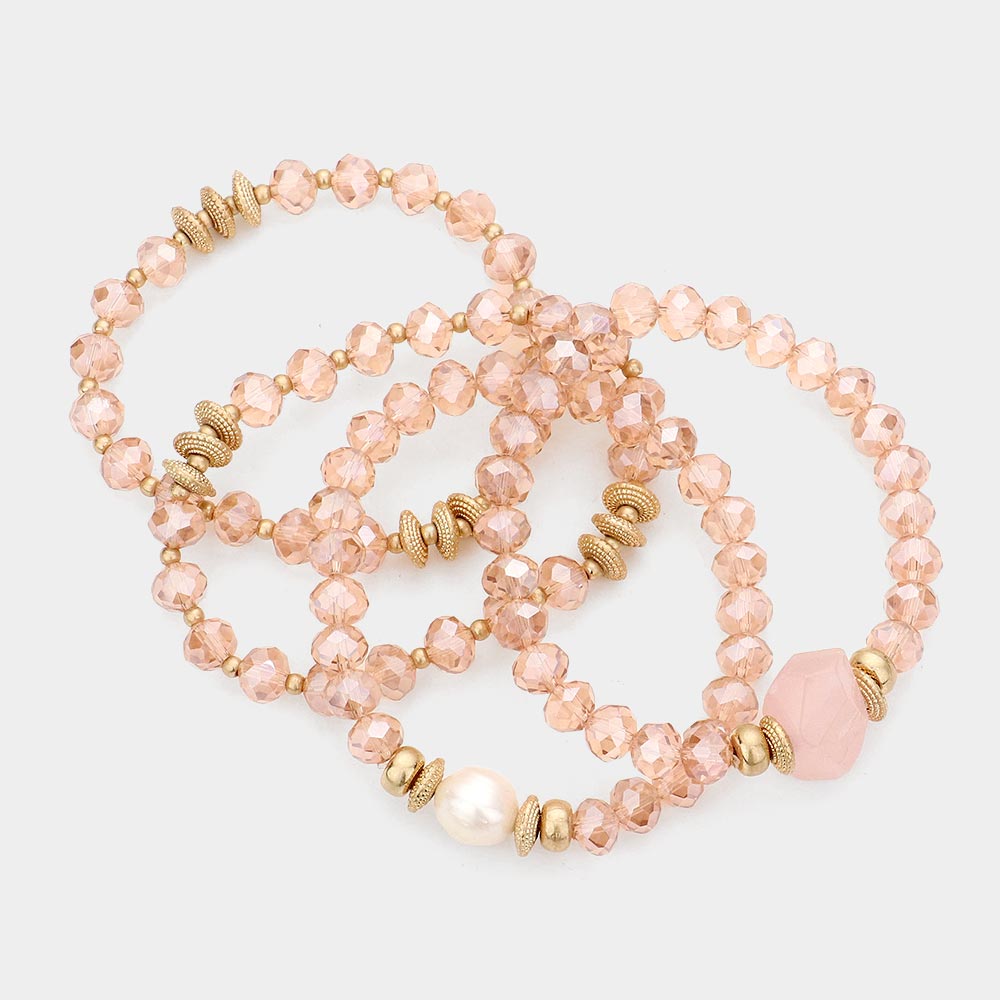 iLLASPARKZ 4PCS - Pearl Accented Faceted Beads Stretch Bracelets
