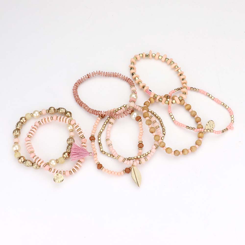 iLLASPARKZ 9PCS - Leaf Tassel Charm Multi Beaded Stretch Bracelets