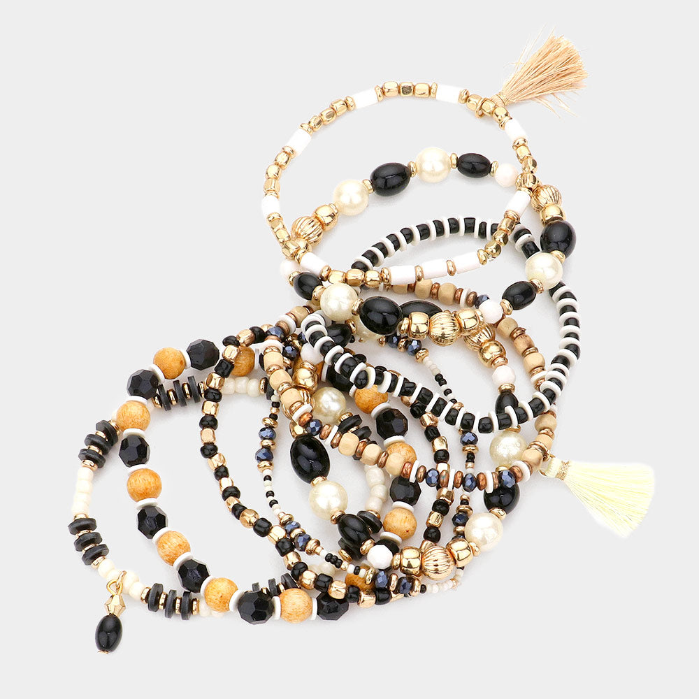 iLLASPARKZ 9PCS - Tassel Charm Wood Beaded Stretch Bracelets
