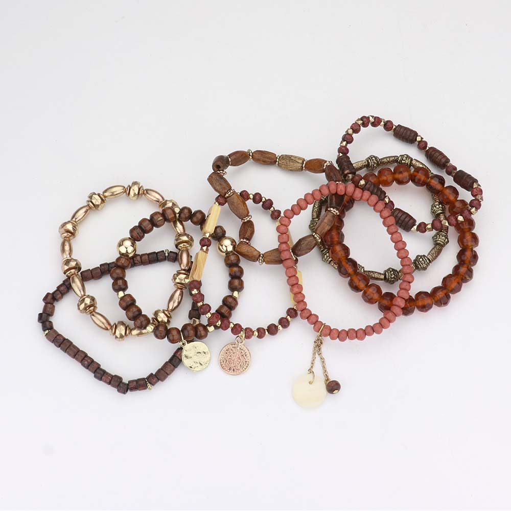 iLLASPARKZ 9PCS - Metal Coin Mother of Pearl Charm Wood Beaded Stretch Bracelets