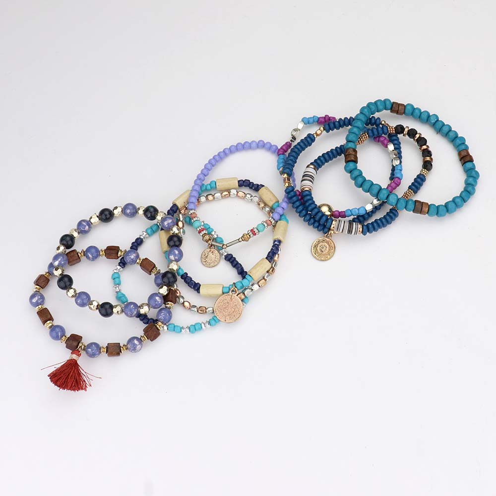 iLLASPARKZ 10PCS - Sun Coin Tassel Charm Multi Beaded Stretch Bracelets