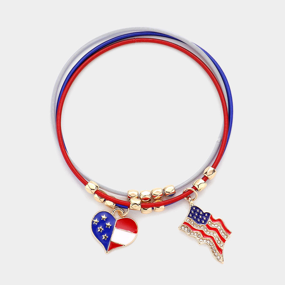 iLLASPARKZ 3PCS - American USA Flag Heart Charm Guitar String Stackable Stretch Bracelets