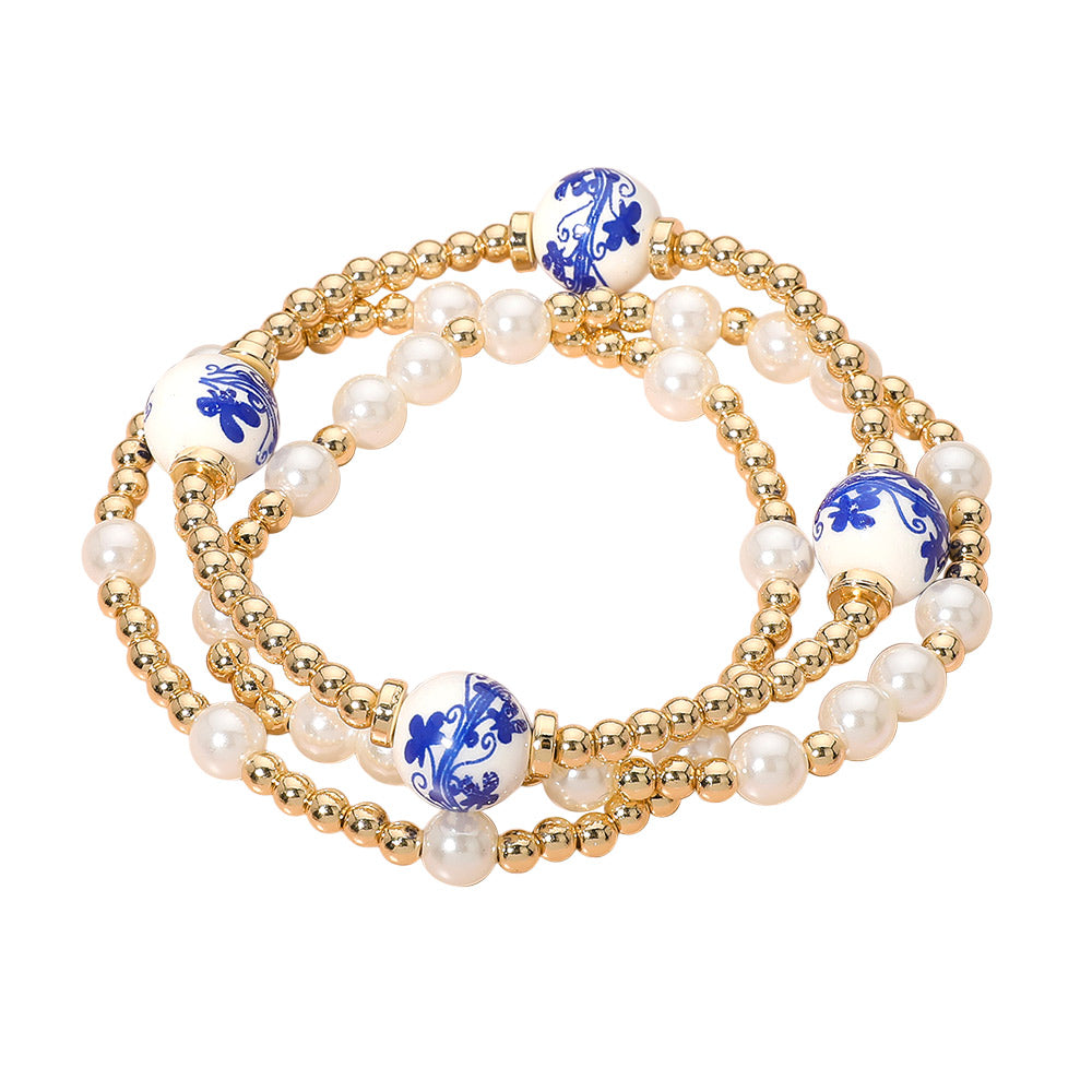 iLLASPARKZ 3PCS - Pearl Ceramic Metal Ball Beaded Stretch Multi Layered Bracelets