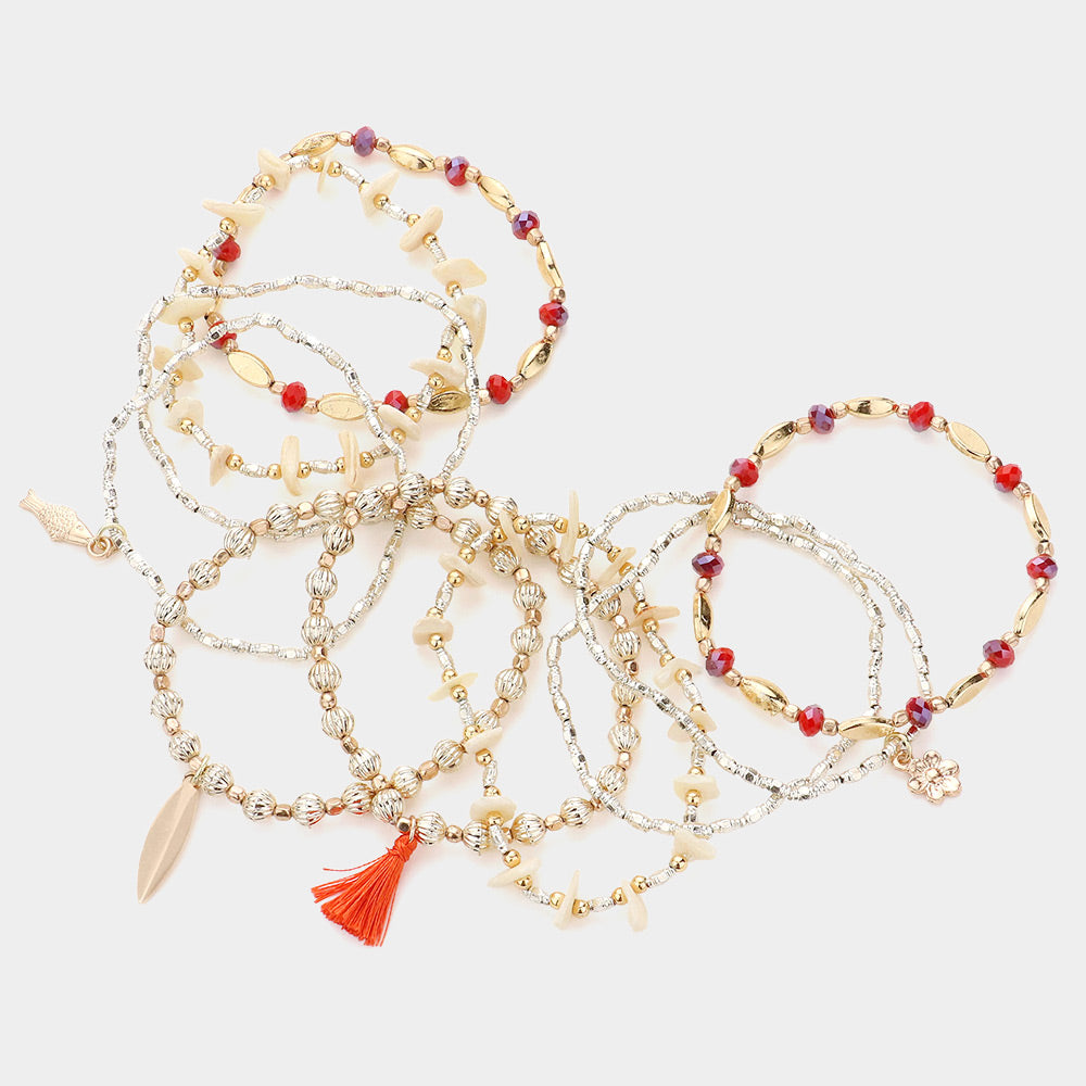iLLASPARKZ 10PCS - Swirl Metal Disc Tassel Charm Mother Of Pearl Beaded Fish Flower Charms Stretch Multi Layered Bracelets