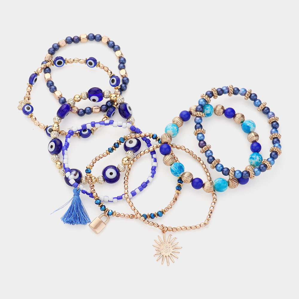 8PCS - Tassel Lock Sun Hamsa Hand Charm Evil Eye Beaded Stretch Multi Layered Bracelets