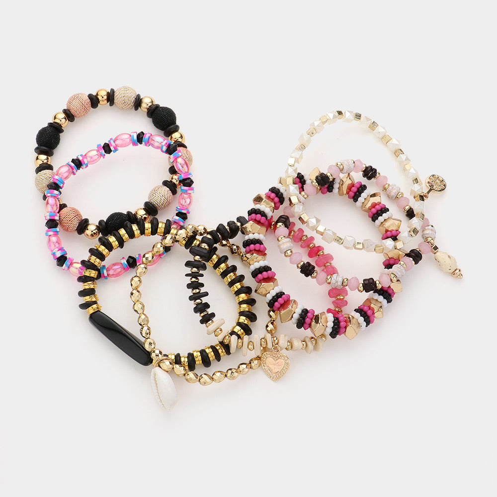 iLLASPARKZ 8PCS - Shell Metal Heart Charm Multi Beads Beaded Layered Bracelets