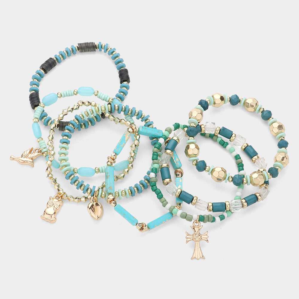 iLLASPARKZ 8PCS - Peace Owl Cross Charm Faceted Beaded Stretch Multi Layered Bracelets
