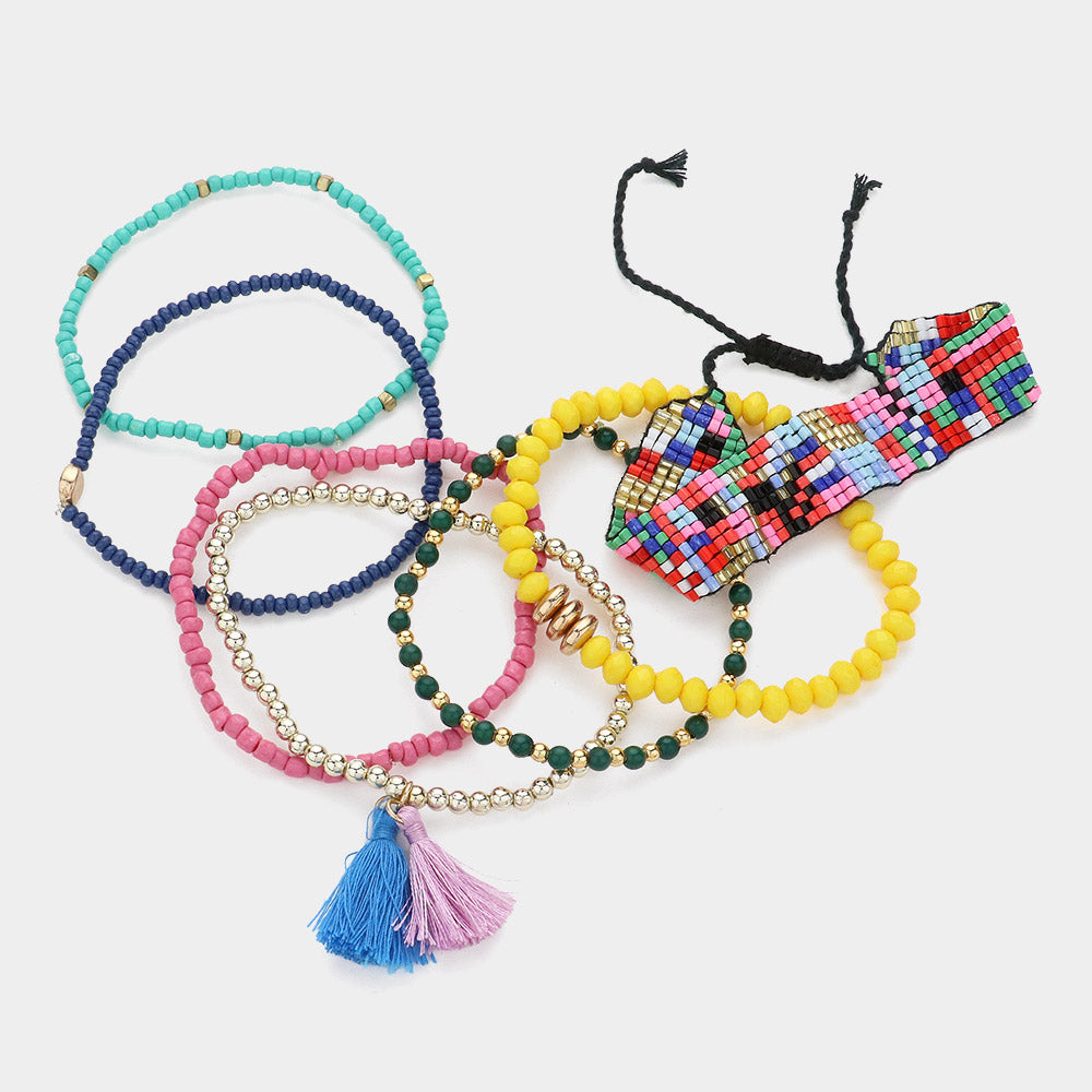 7PCS - Tassel Pointed Beaded Stretch Aztec Pattern Beaded Cinch Pull Tie Multi Layered Bracelets