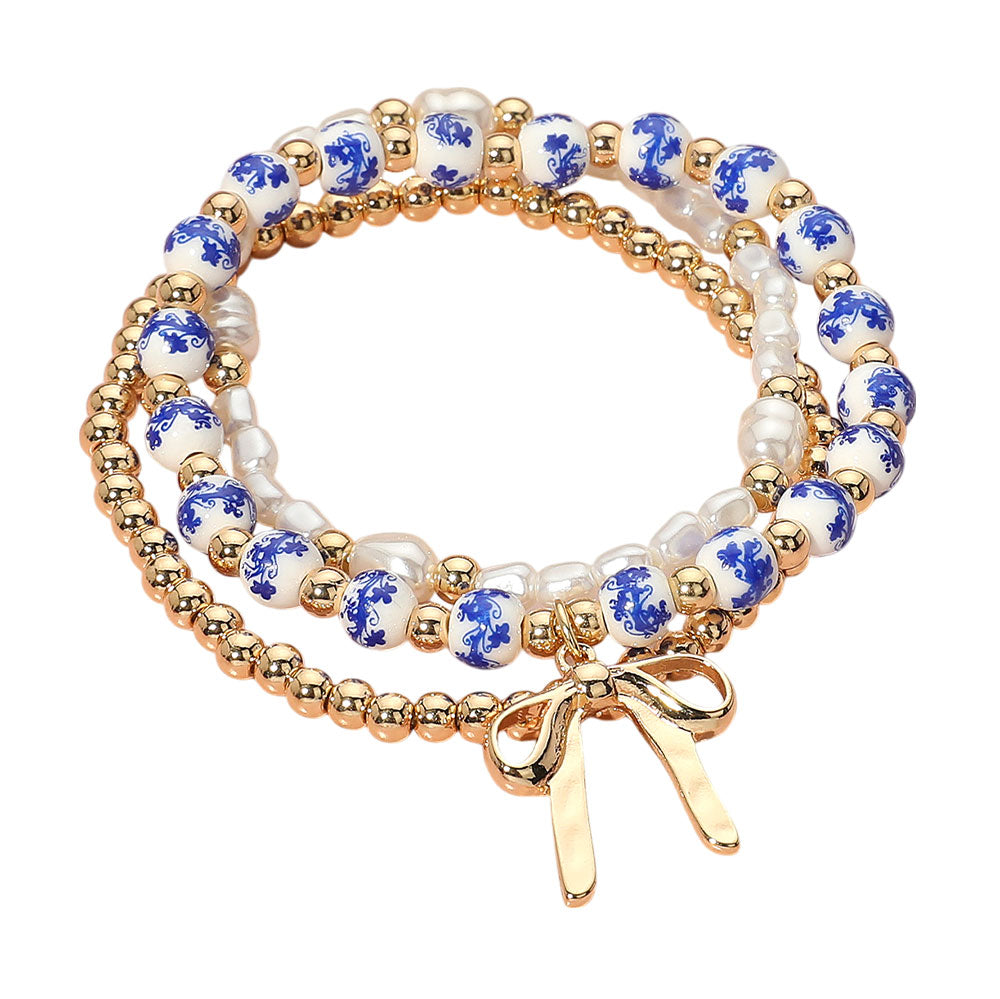 iLLASPARKZ 3PCS - Bow Charm Pearl Ceramic Metal Ball Beaded Stretch Multi Layered Bracelets