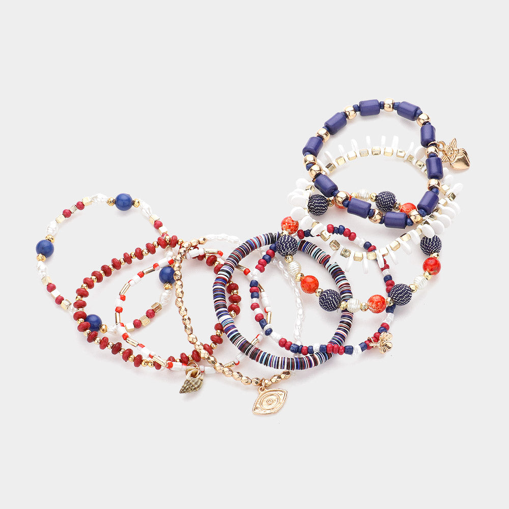 iLLASPARKZ 9PCS - Shell Metal Evil Eye Heart Charm Pointed Various Beads Beaded Stretch Multi Layered Bracelet