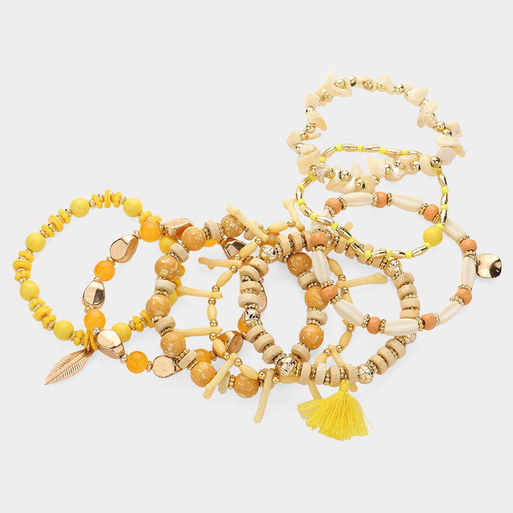 iLLASPARKZ 8PCS - Wood Multi Beaded Metal Leaf Tassel Charm Stretch Multi Layered Bracelets