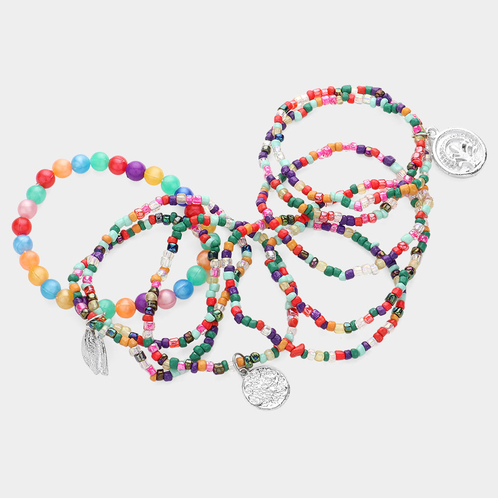 iLLASPARKZ 7PCS - Various Beads Beaded Metal Leaf Tree Of Life Charm Pointed Stretch Multi Layered Bracelets