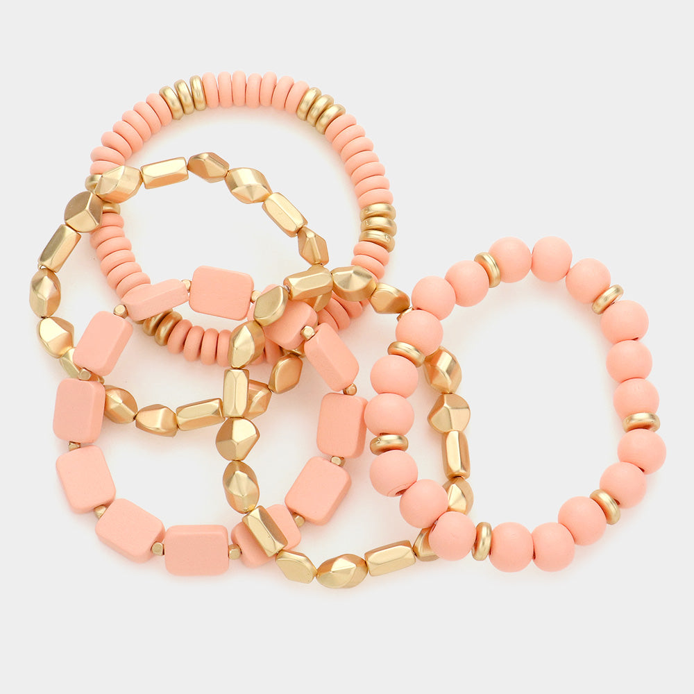 iLLASPARKZ 5PCS - Wood Abstract Metal Beaded Stretch Bracelets